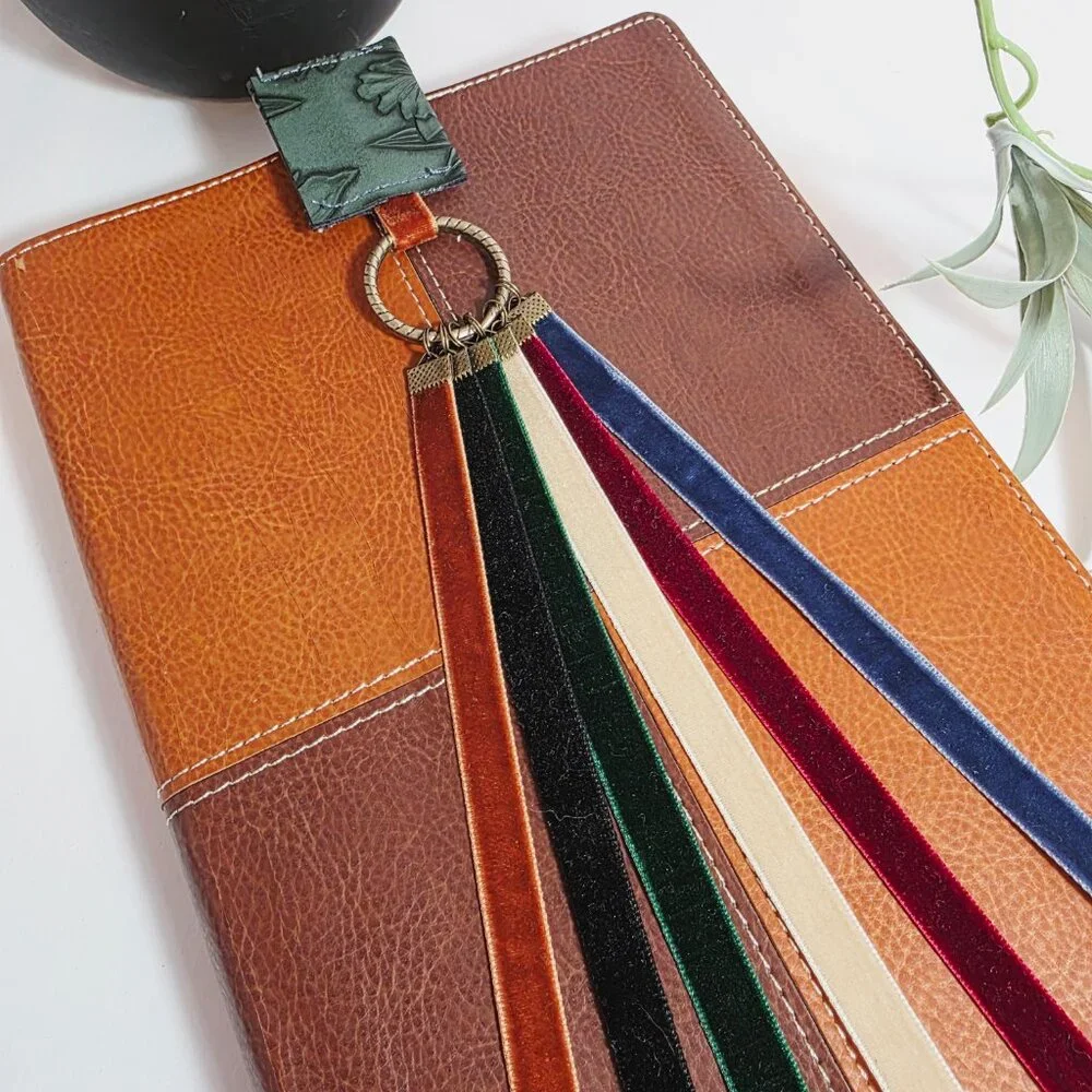 Handmade Velvet Bible Bookmark with Glass Beads & Embossed Leather Tab